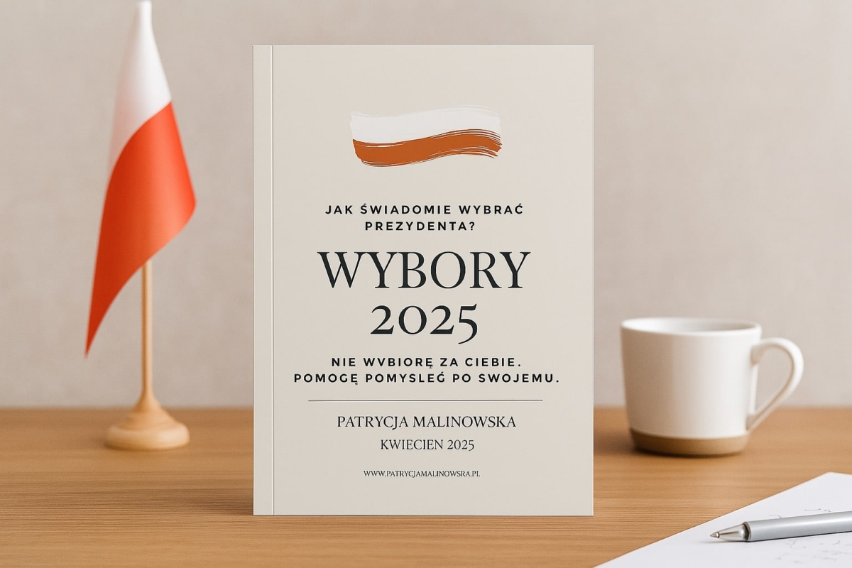 E-book „Wybory 2025” autorstwa Patrycji Malinowskiej na tle filiżanki i polskiej flagi.