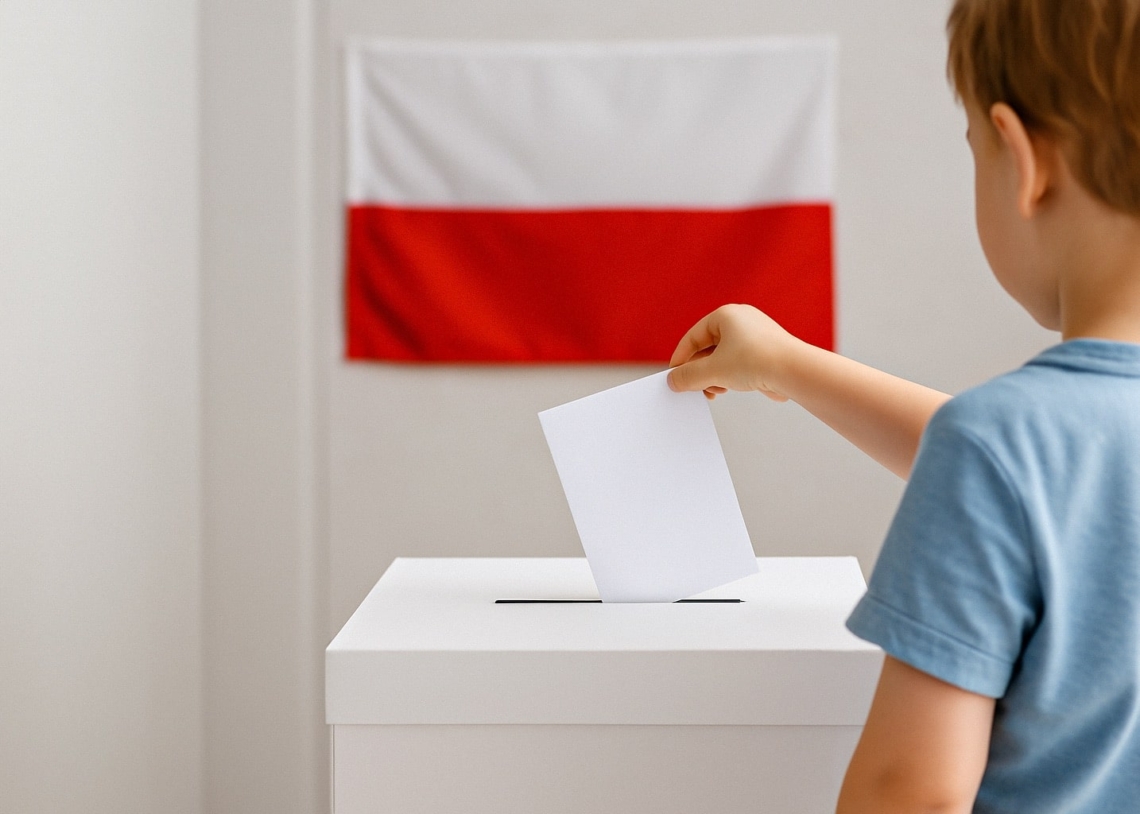 Dziecko wrzuca kartkę do urny wyborczej na tle polskiej flagi – symbol przyszłości i znaczenia głosu.