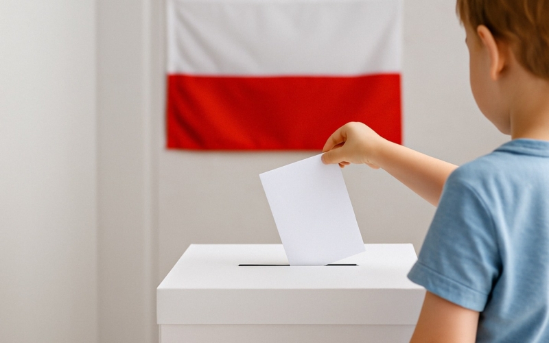 Dziecko wrzuca kartkę do urny wyborczej na tle polskiej flagi – symbol przyszłości i znaczenia głosu.